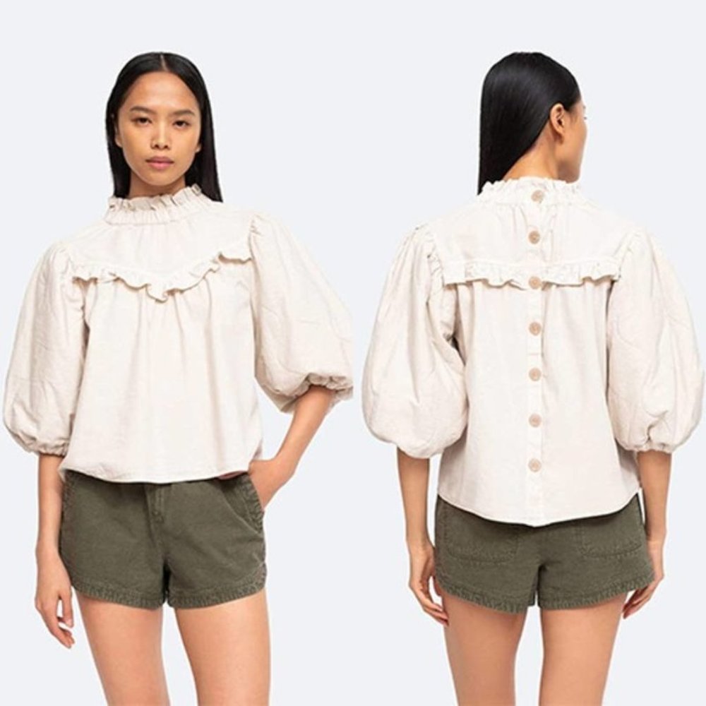 Sea NY Layla Quilted Puff Sleeve Cotton Ruffle Top Women's Tan Size: XXS NWOT